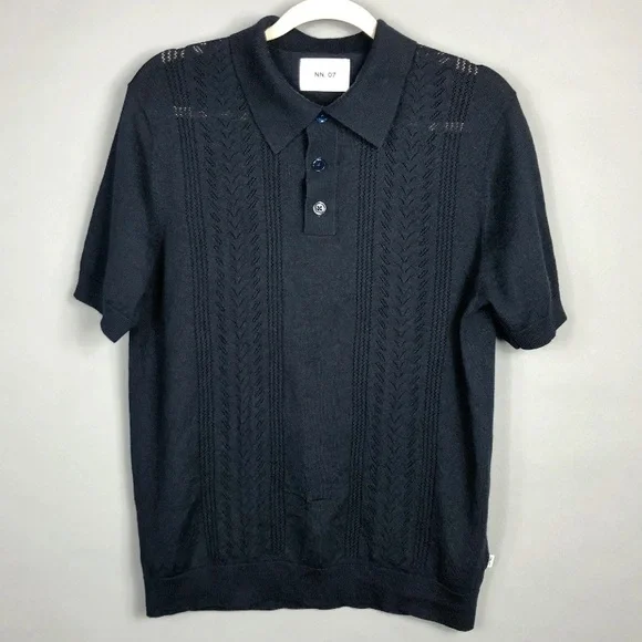 NN. 07 Thor Short Sleeve Knit Polo Shirt Mens L Navy Blue Wool Blend 6539 - Picture 2 of 10